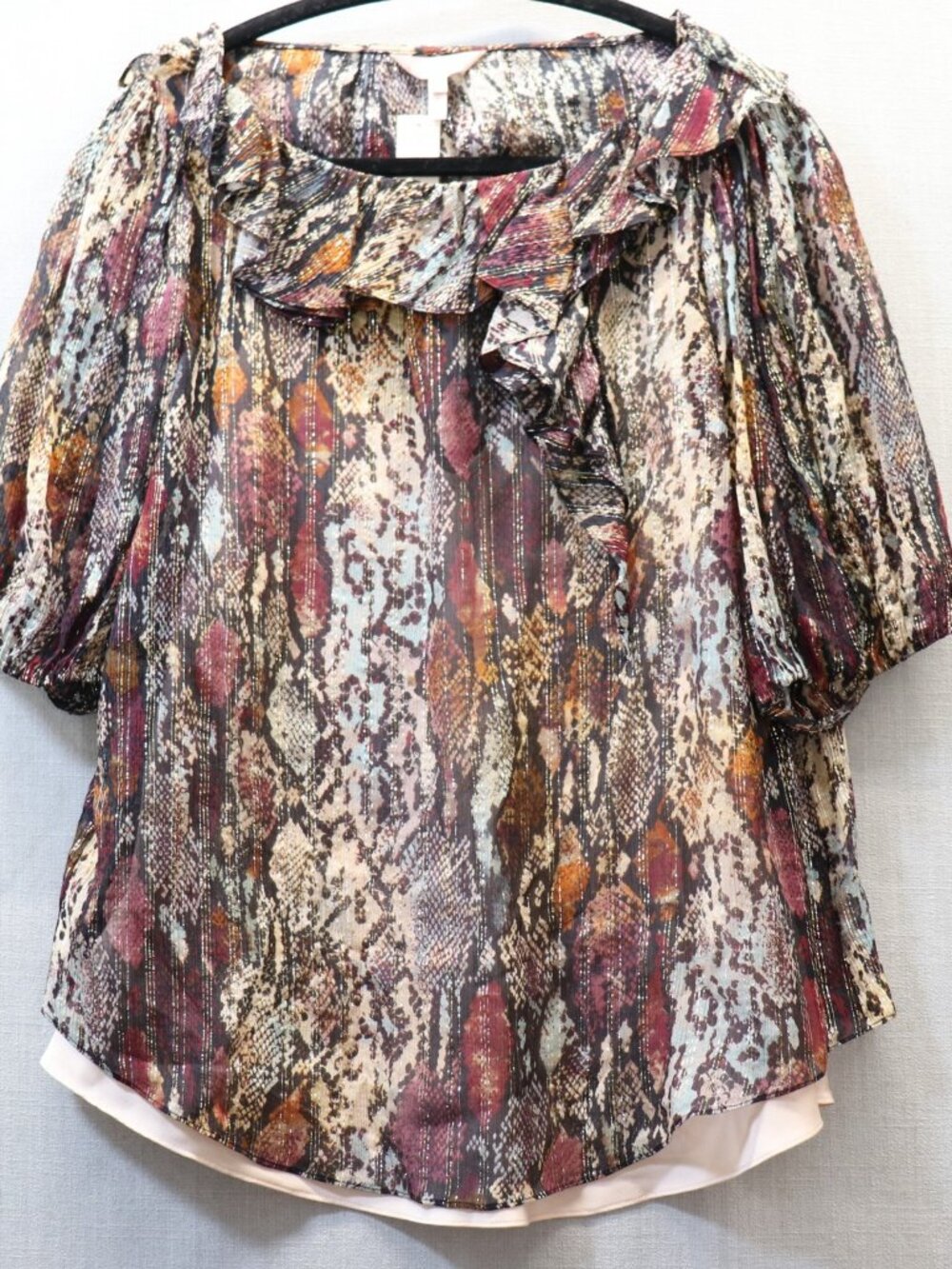 NWT Rebecca Taylor XL SILK Blouse Watercolor Snake Print Gold Metallic Ruffle
